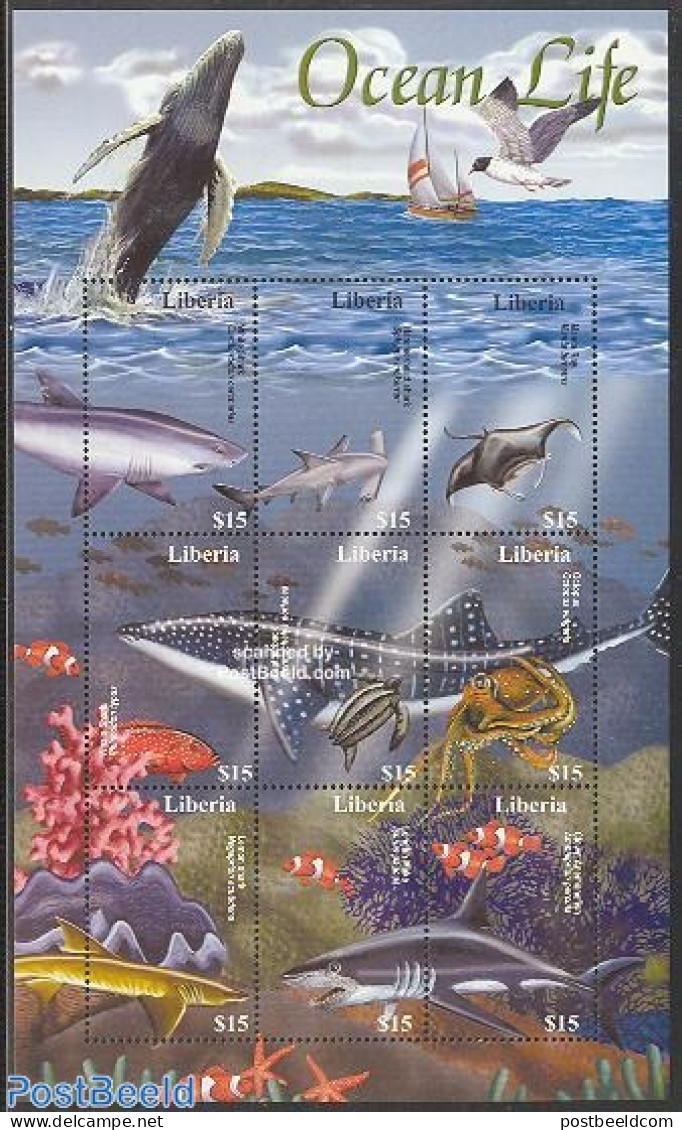 Liberia 2001 Ocean Life 9v M/s, Mint NH, Nature - Fish - Turtles - Fishes