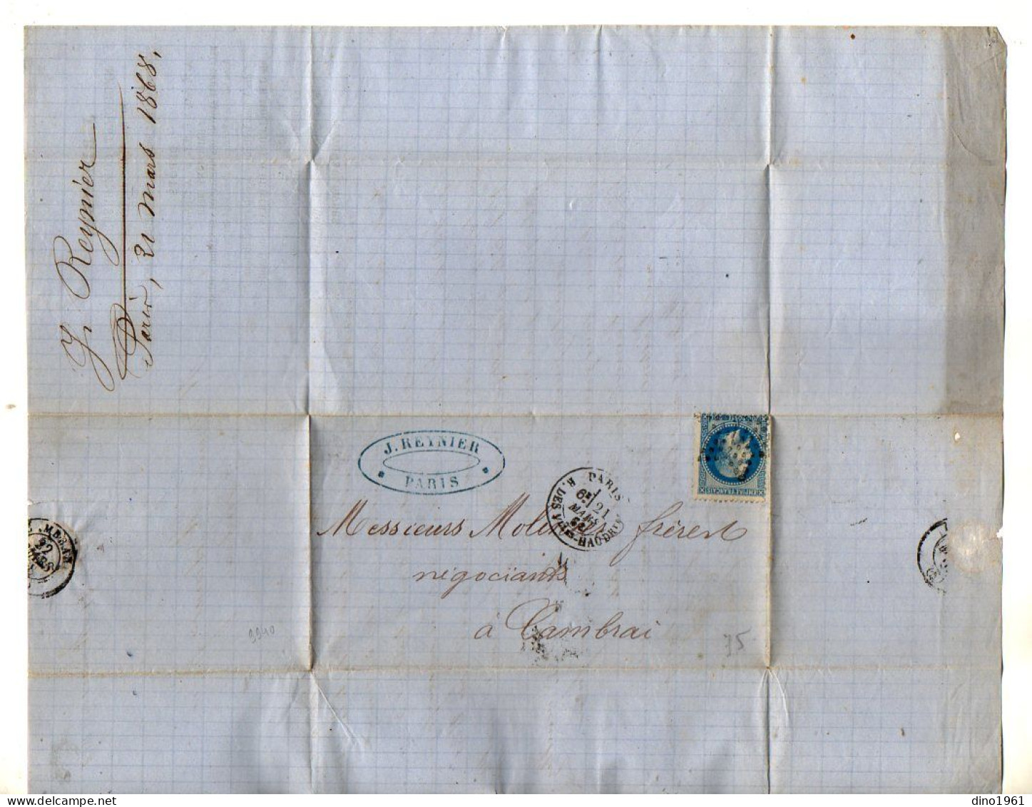 VP23.124 - 1868 - Lettre - Produits Chimiques - REYNIER, Négociant - Commissionaire à PARIS, Dépots D'HAUTMONT, POUILLY - 1800 – 1899