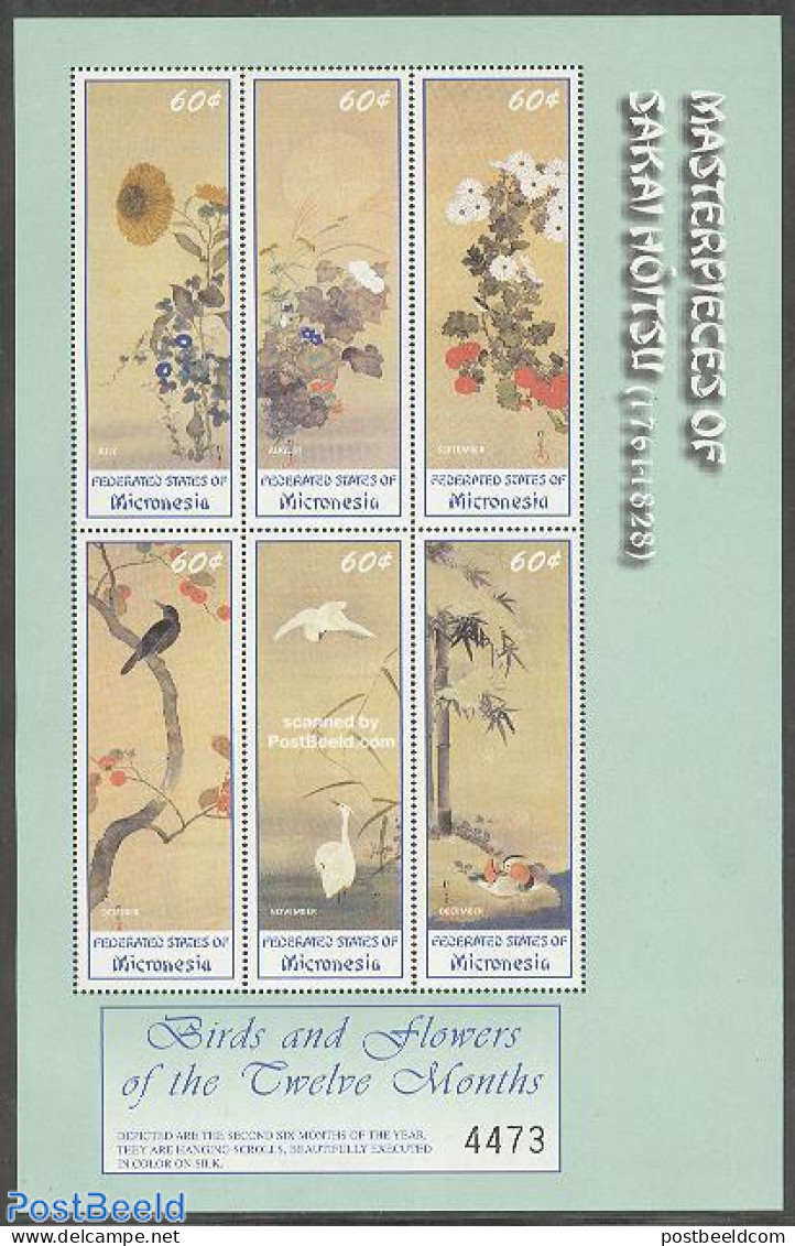 Micronesia 2002 Japanese Paintings 6v M/s July-December, Mint NH, Nature - Birds - Flowers & Plants - Art - East Asian.. - Micronesia