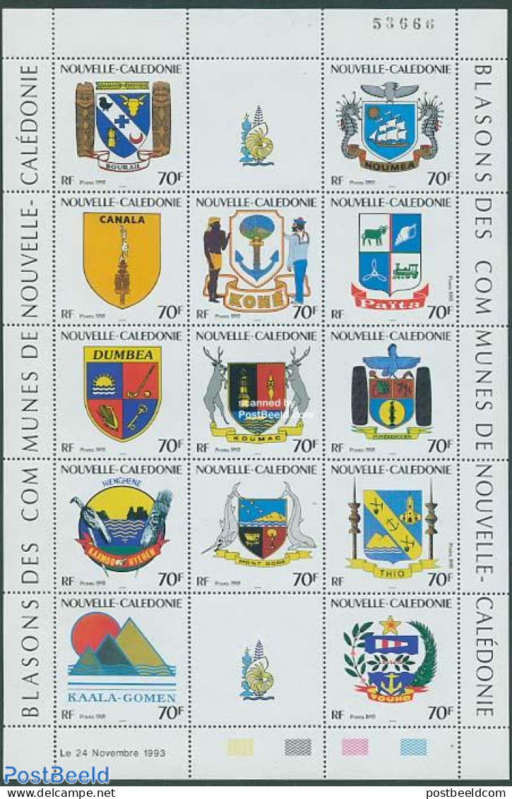 New Caledonia 1993 Coat Of Arms 13v M/s, Mint NH, History - Nature - Sport - Transport - Various - Coat Of Arms - Bird.. - Ongebruikt