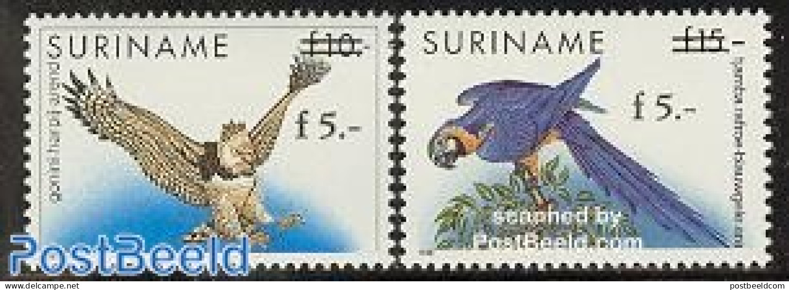 Suriname, Republic 1993 Birds Overprints (5g On 10g, 5g On 15g) 2V, Mint NH, Nature - Birds - Birds Of Prey - Parrots - Surinam