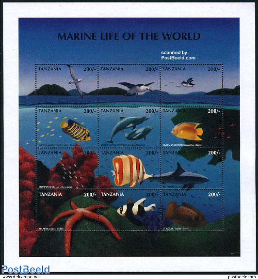 Tanzania 1998 Marine Life 12v M/s, Mint NH, Nature - Birds - Fish - Sea Mammals - Sharks - Poissons