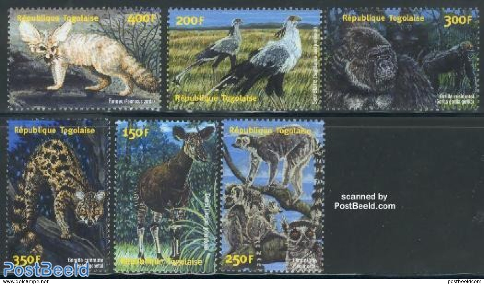 Togo 2001 African Fauna 6v, Mint NH, Nature - Animals (others & Mixed) - Birds - Cat Family - Monkeys - Togo (1960-...)