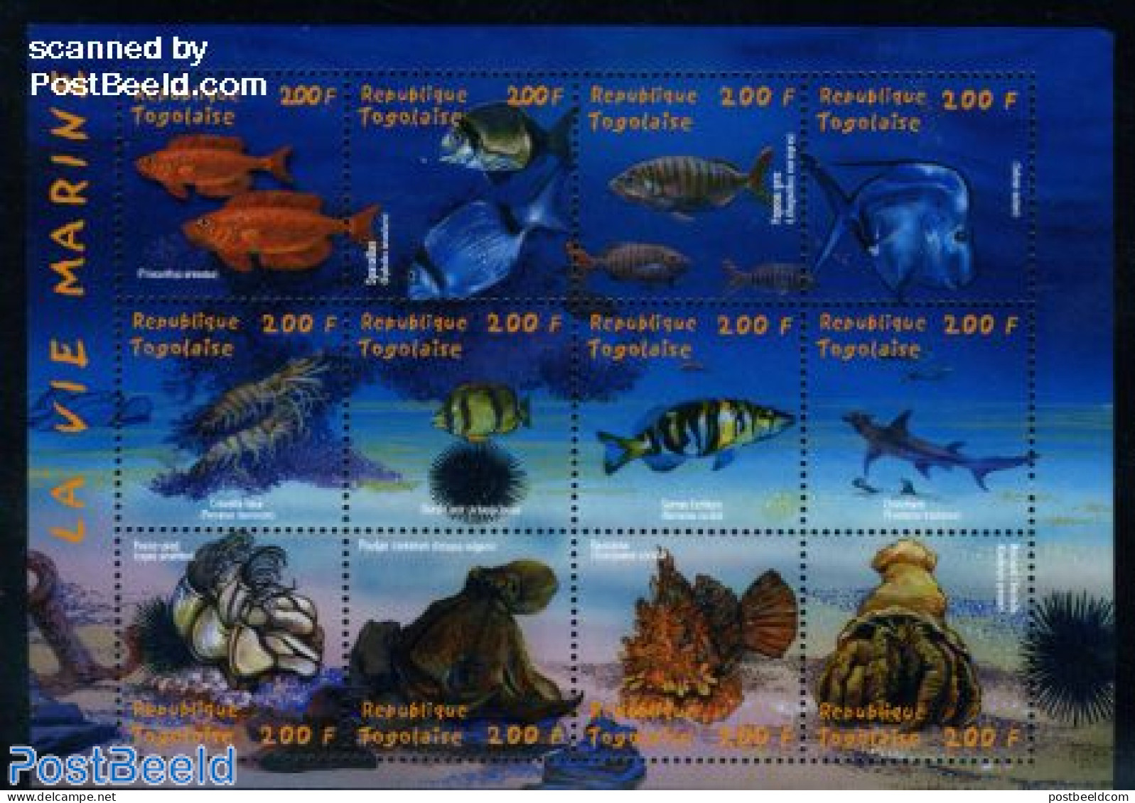 Togo 2001 Marine Life 12v M/s (12x200Fr), Mint NH, Nature - Fish - Sharks - Fische