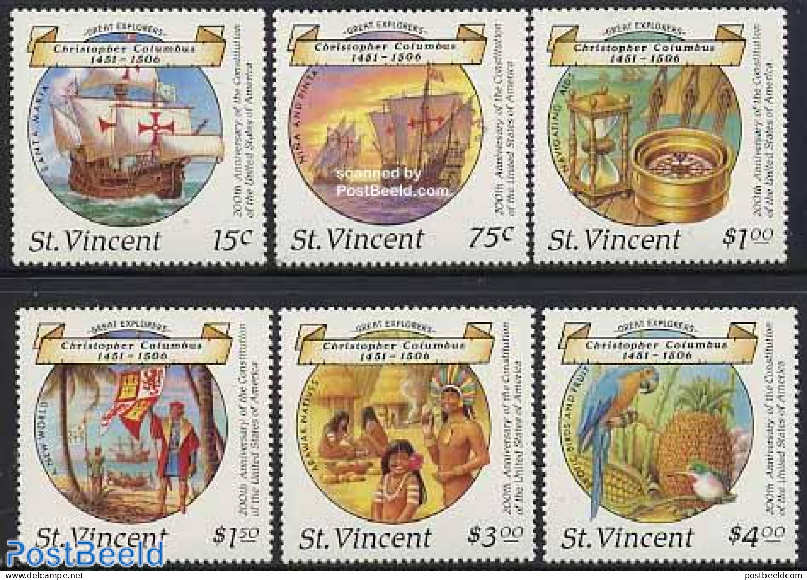 Saint Vincent 1987 US Constitution 6v, Mint NH, History - Nature - Transport - Explorers - Birds - Parrots - Ships And.. - Explorateurs