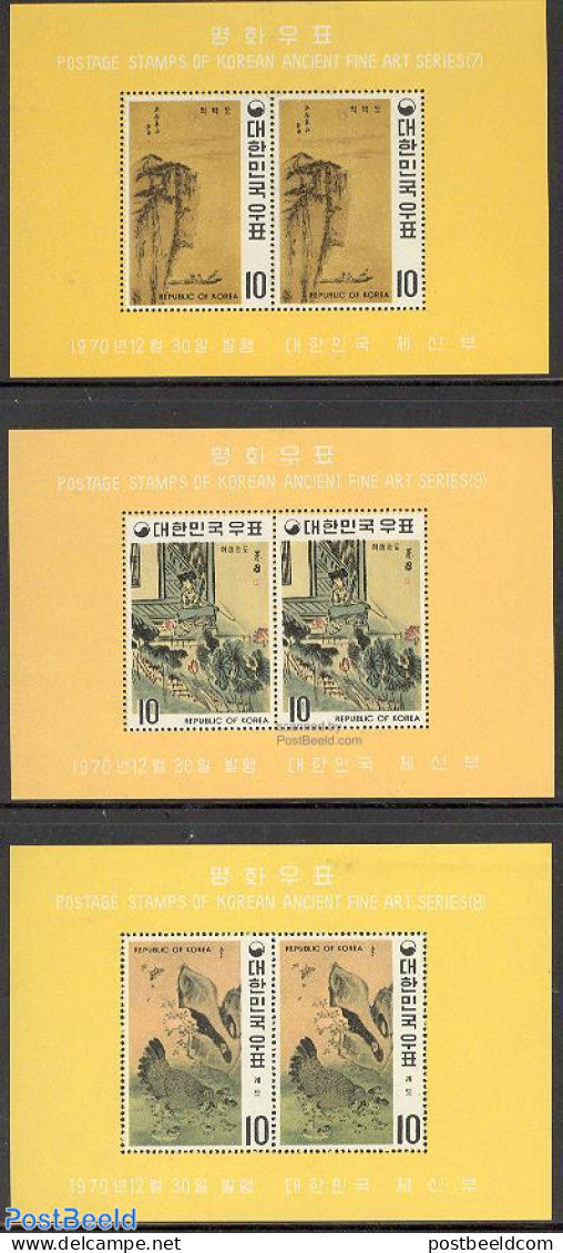 Korea, South 1970 Yi-Dynasty Paintings 3 S/s Perforated, Mint NH, Nature - Performance Art - Birds - Music - Art - Pai.. - Musique