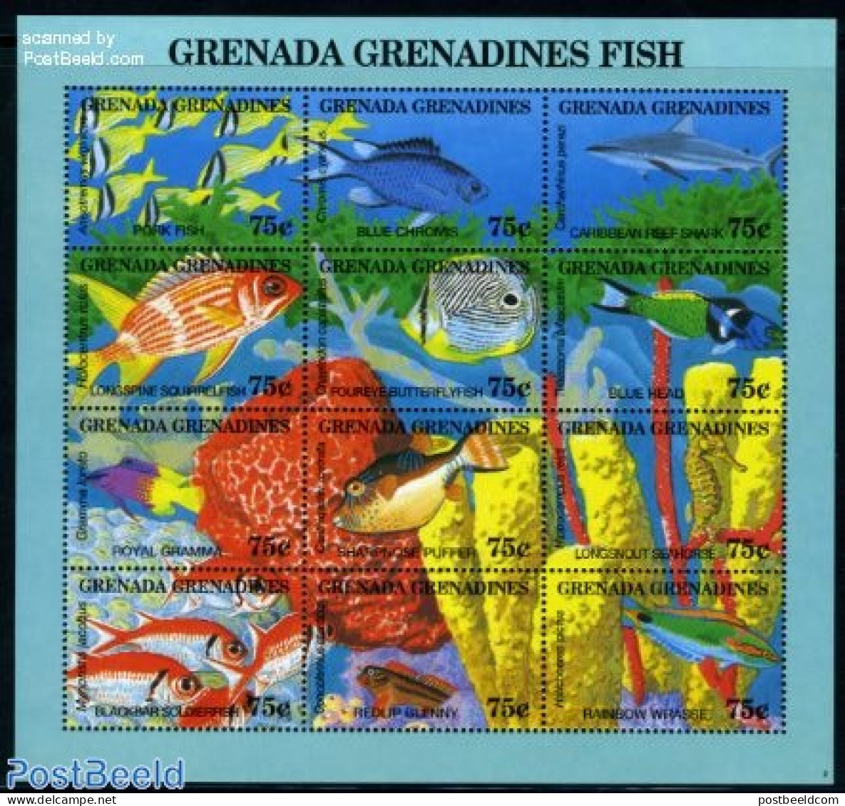 Grenada Grenadines 1994 Fish 12v M/s, Mint NH, Nature - Fish - Sharks - Fishes