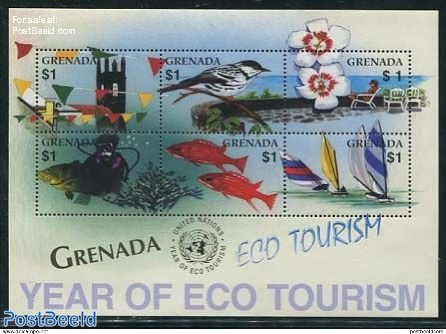 Grenada 2002 Eco Tourism 6v M/s, Mint NH, Nature - Sport - Transport - Various - Birds - Fish - Diving - Ships And Boa.. - Fishes
