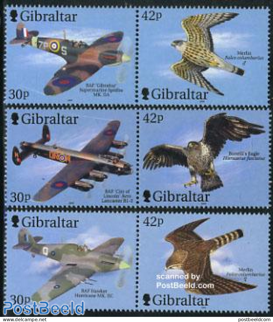 Gibraltar 2000 Figters And Birds Of Prey 3x2v [:], Mint NH, History - Nature - Transport - World War II - Birds - Bird.. - Guerre Mondiale (Seconde)