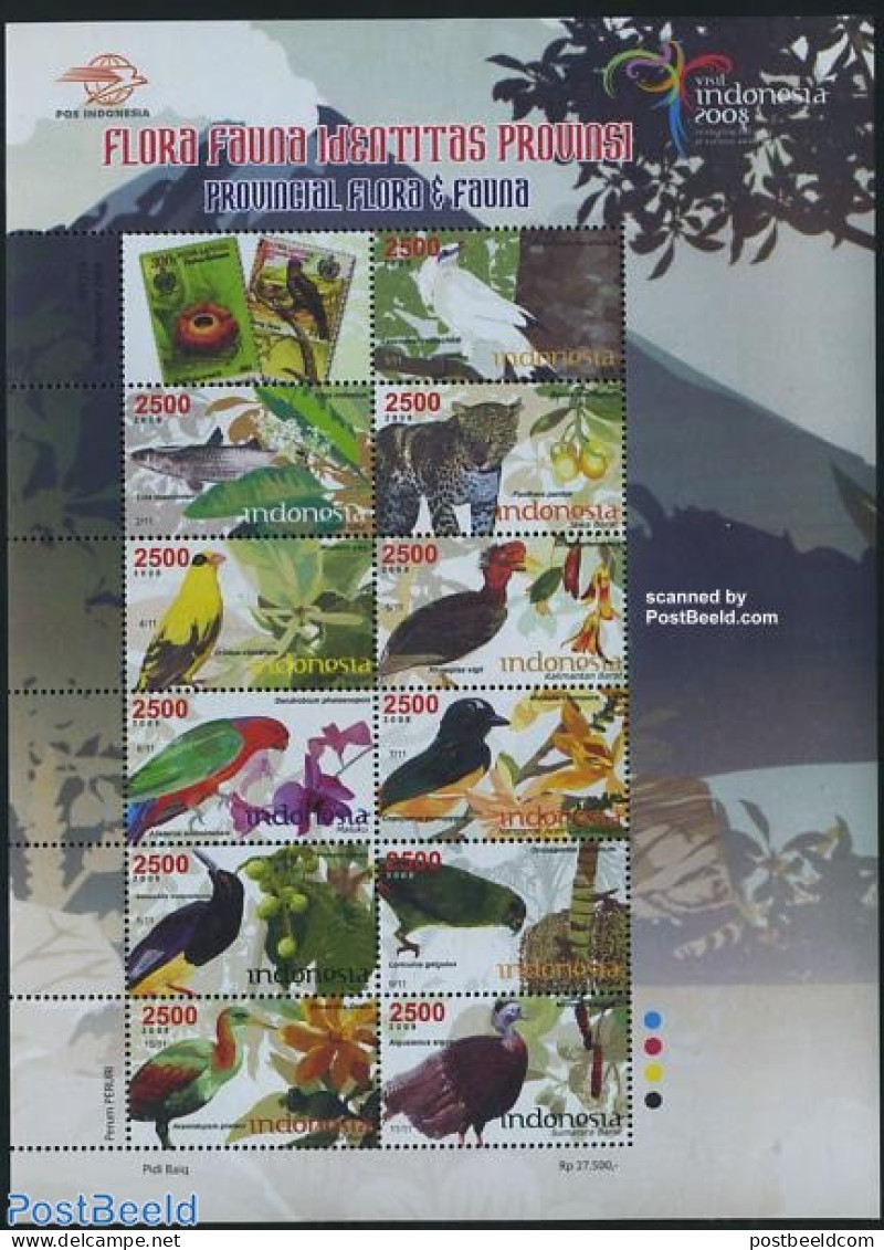 Indonesia 2008 Flora & Fauna 10v M/s, Mint NH, Nature - Animals (others & Mixed) - Birds - Cat Family - Fish - Flowers.. - Poissons