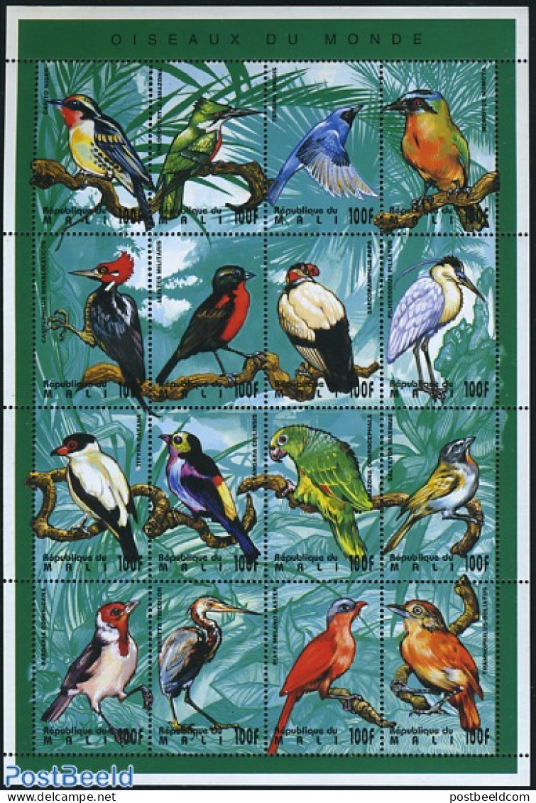 Mali 1995 Birds 16v M/s, Mint NH, Nature - Birds - Parrots - Kingfishers - Woodpeckers - Mali (1959-...)