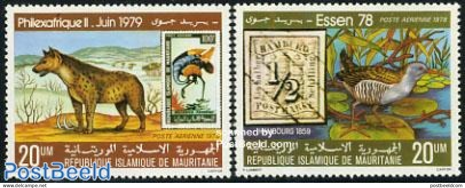 Mauritania 1978 Stamp Expositions 2v, Mint NH, Nature - Animals (others & Mixed) - Birds - Stamps On Stamps - Stamps On Stamps