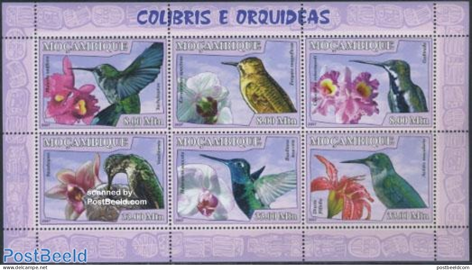 Mozambique 2007 Hummingbirds & Orchids 6v M/s, Mint NH, Nature - Birds - Flowers & Plants - Orchids - Mozambico