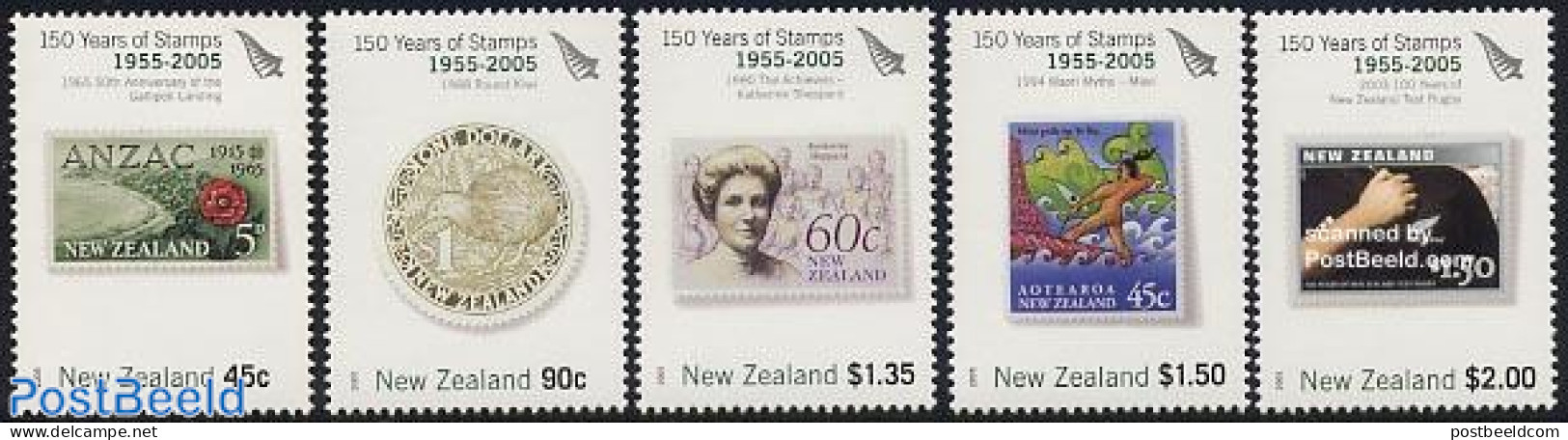 New Zealand 2005 150 Years Stamps 5v (period 1955-2005), Mint NH, Nature - Birds - Stamps On Stamps - Unused Stamps