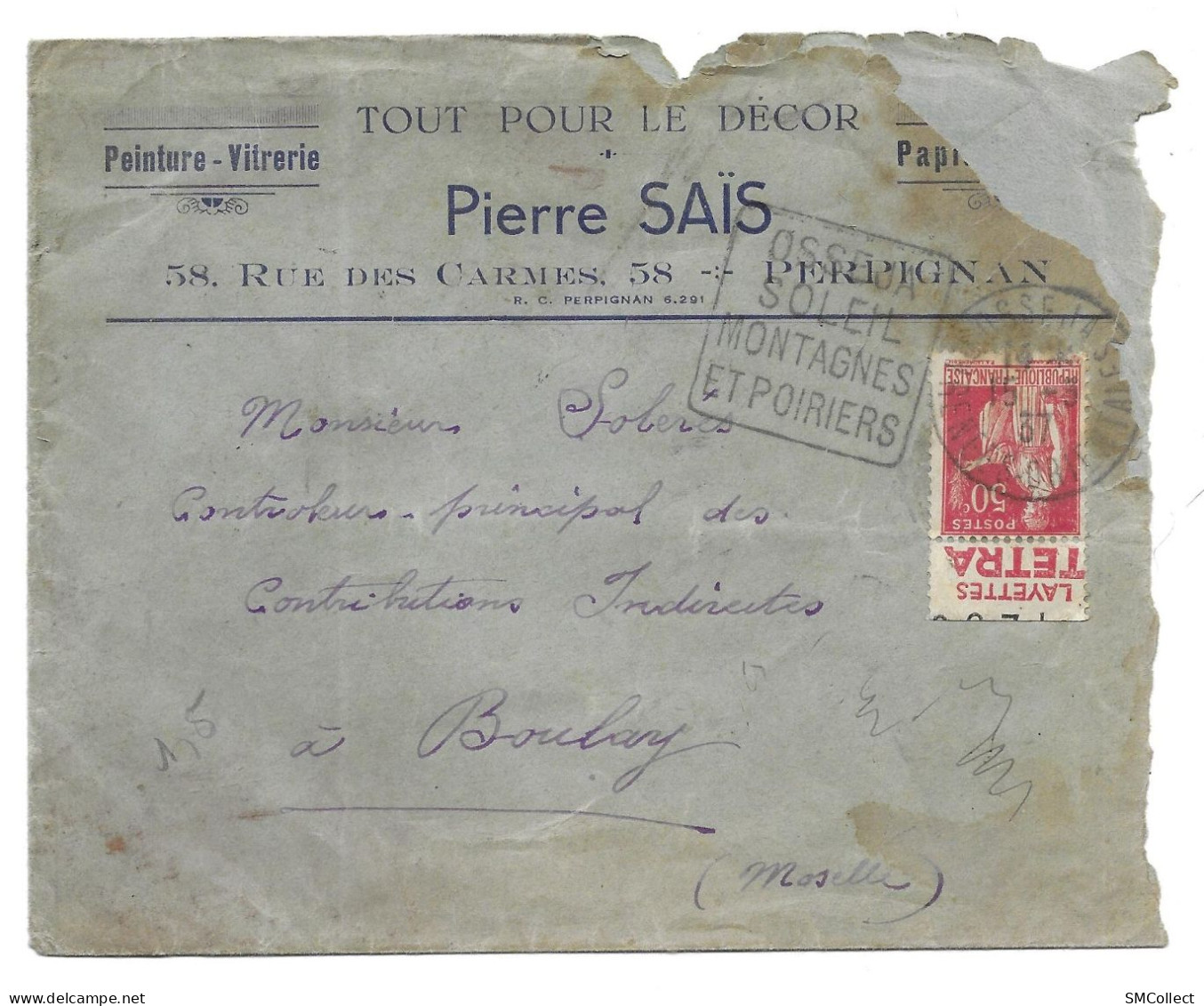 Type Paix 50 Centimes Avec Pub Layettes Tetra Sur Enveloppe D'entreprise Cachetée Daguin, Osseja, 1937 - 1932-39 Peace