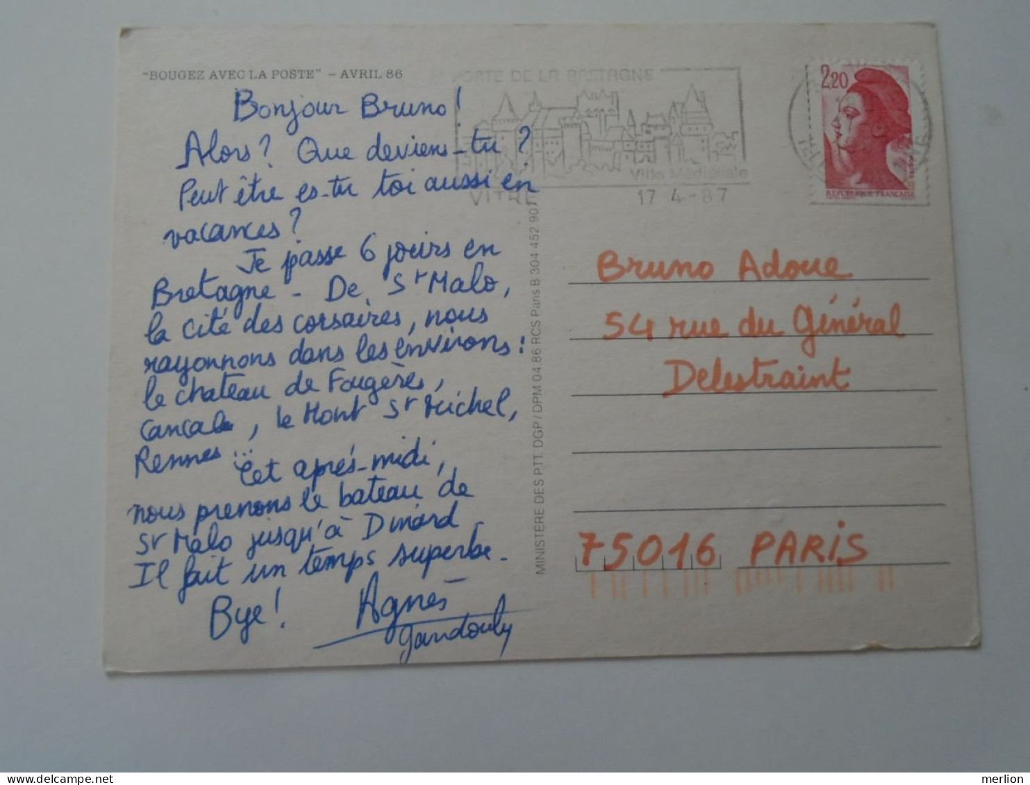D203228   CPM -   Postes - PUBLICITE - Bougez Avec La Poste -Avril 1986  -  Vitre Porte De La Bretagne 1987 - Publicité