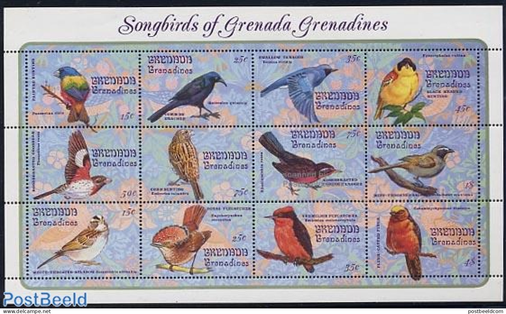 Grenada Grenadines 1993 Birds 12v M/s, Mint NH, Nature - Birds - Grenada (1974-...)