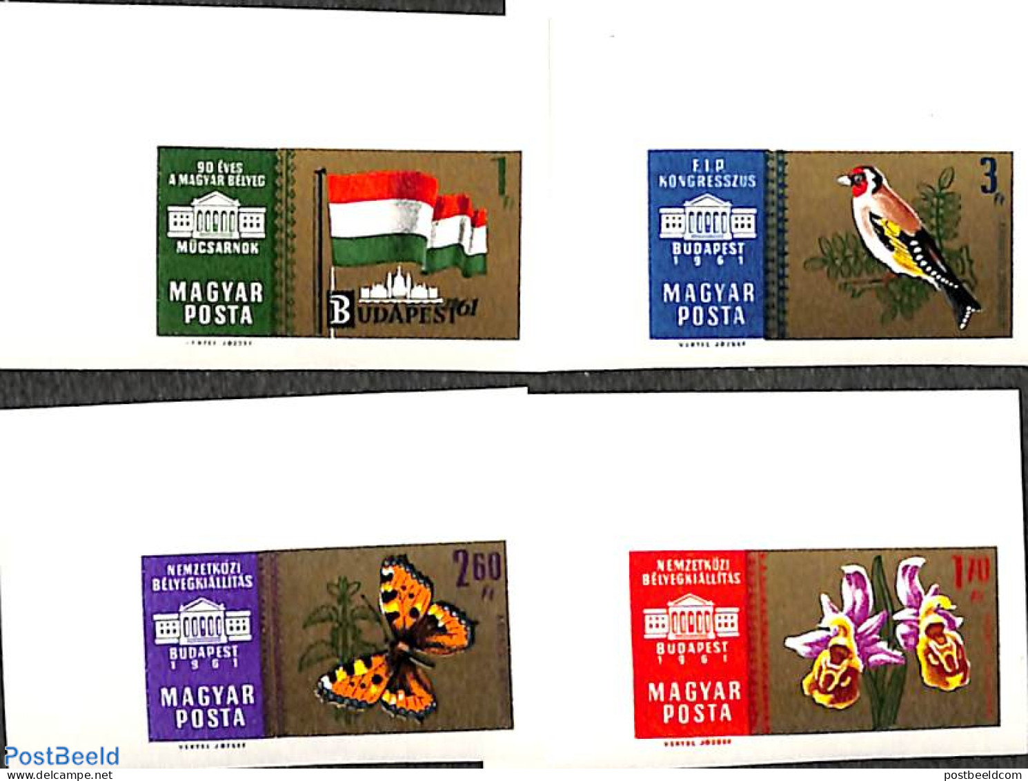 Hungary 1961 Budapest 1961 Expo 4v Imperforated (gold Backgroun, Mint NH, History - Nature - Flags - Birds - Butterfli.. - Ungebraucht