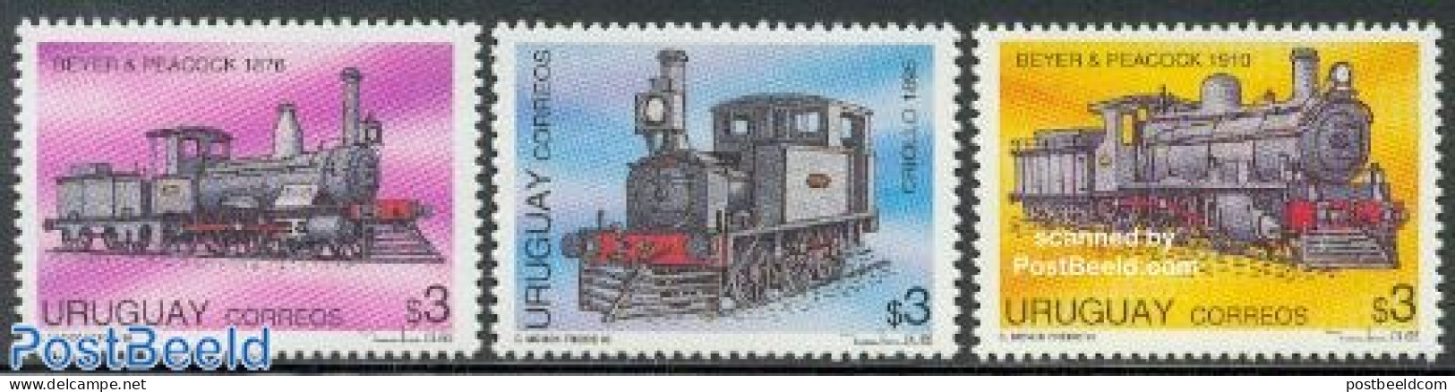 Uruguay 1995 Steam Locomotives 3v, Mint NH, Transport - Railways - Treinen