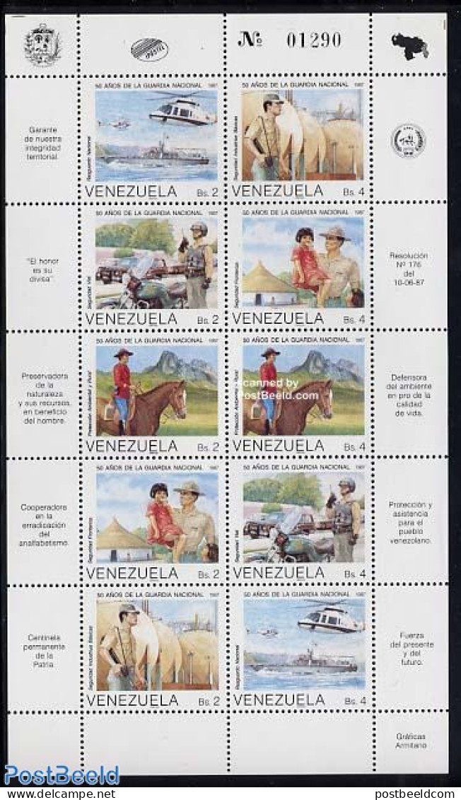 Venezuela 1987 National Garde 10v M/s, Mint NH, Nature - Transport - Various - Horses - Automobiles - Helicopters - Mo.. - Voitures