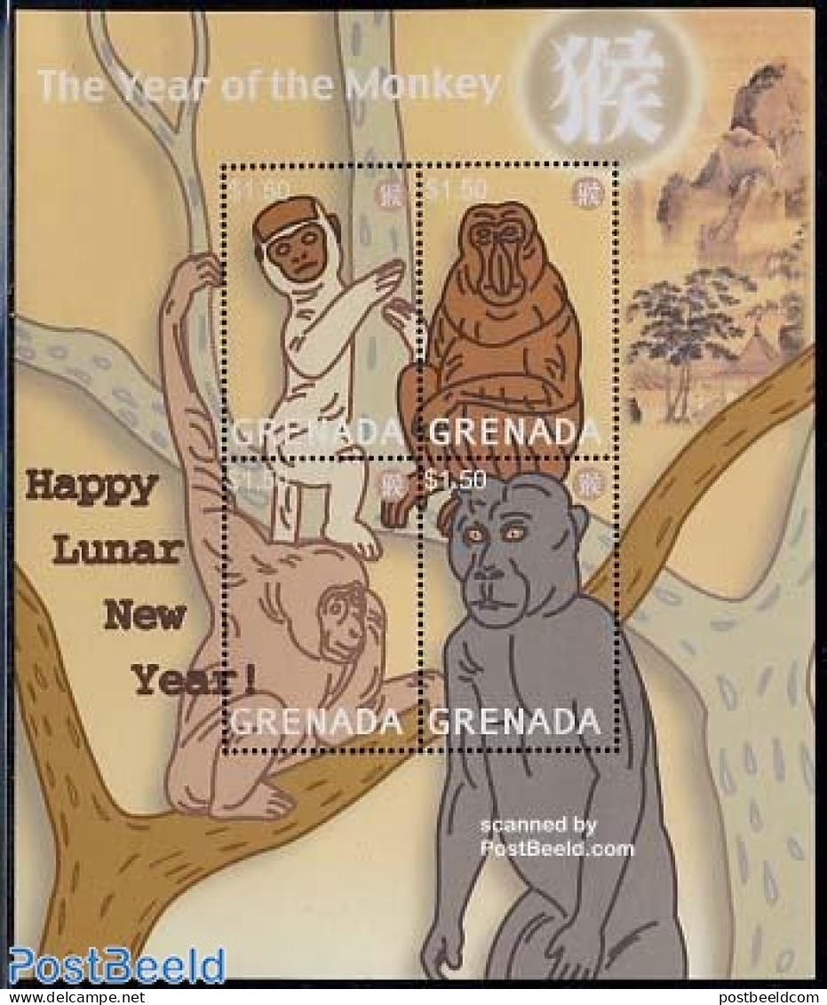 Grenada 2004 Year Of The Monkey 4v M/s, Mint NH, Nature - Various - Monkeys - New Year - Neujahr