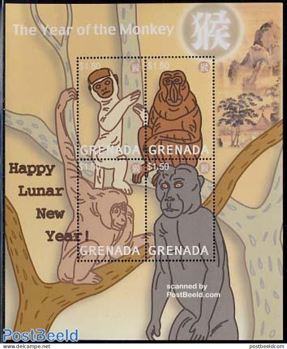 Grenada 2004 Year Of The Monkey 4v M/s, Mint NH, Nature - Various - Monkeys - New Year - New Year