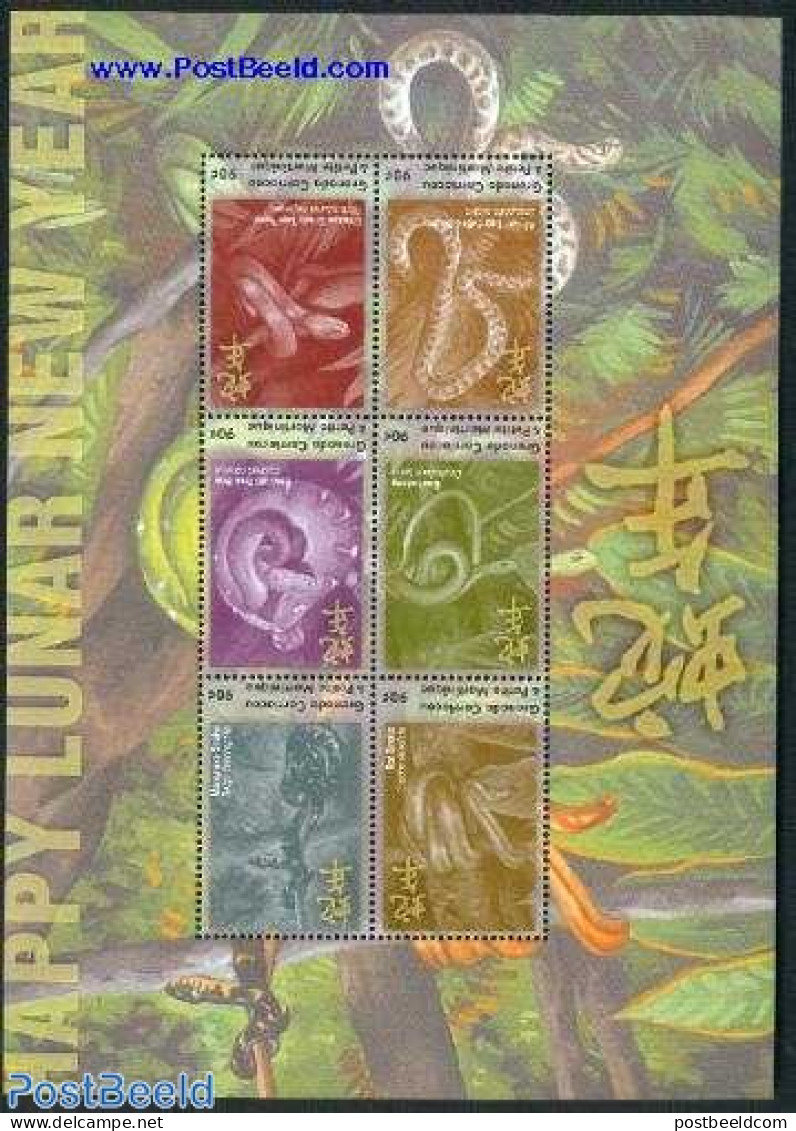Grenada Grenadines 2001 Year Of The Snake 6v M/s, Mint NH, Nature - Various - Reptiles - Snakes - New Year - Año Nuevo