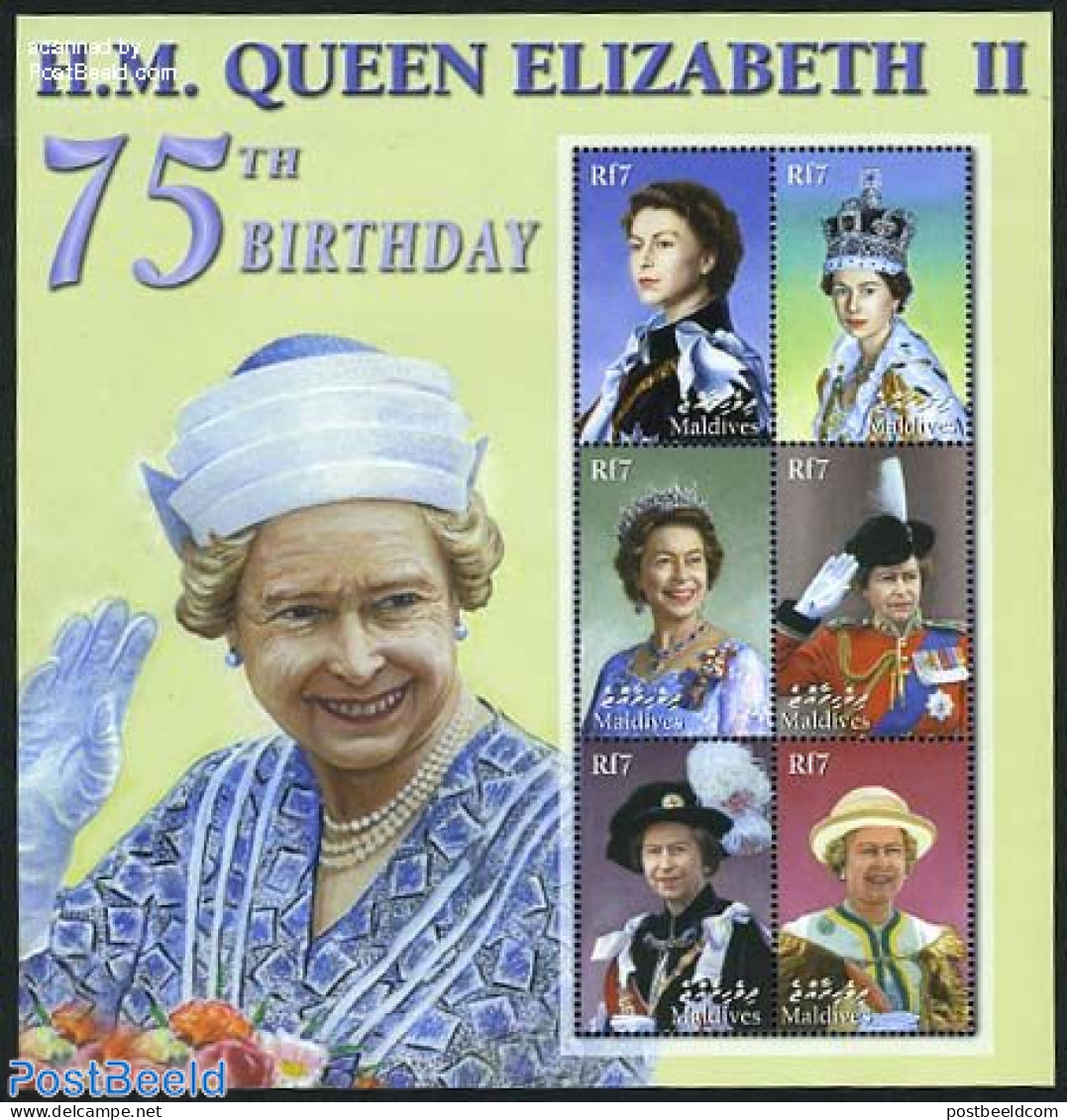 Maldives 2001 Elizabeth II 75th Birthday 6v M/s, Mint NH, History - Kings & Queens (Royalty) - Royalties, Royals