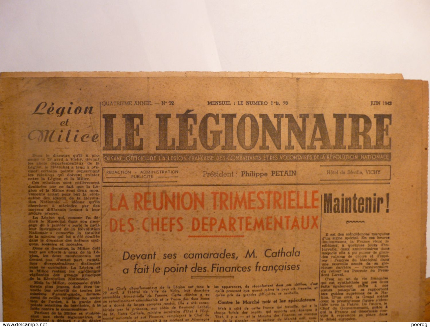 LE LEGIONNAIRE - JUIN 1943 - ORGANE DE LA LEGION FRANCAISE DES COMBATTANTS ET DES VOLONTAIRES - JEANNE D'ARC - 1900 - 1949