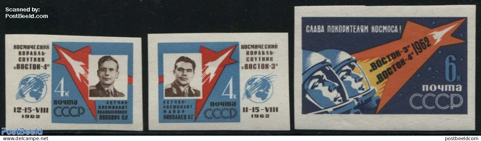 Russia, Soviet Union 1962 Vostok 3 And 4 3v Imperforated, Mint NH, Transport - Space Exploration - Unused Stamps