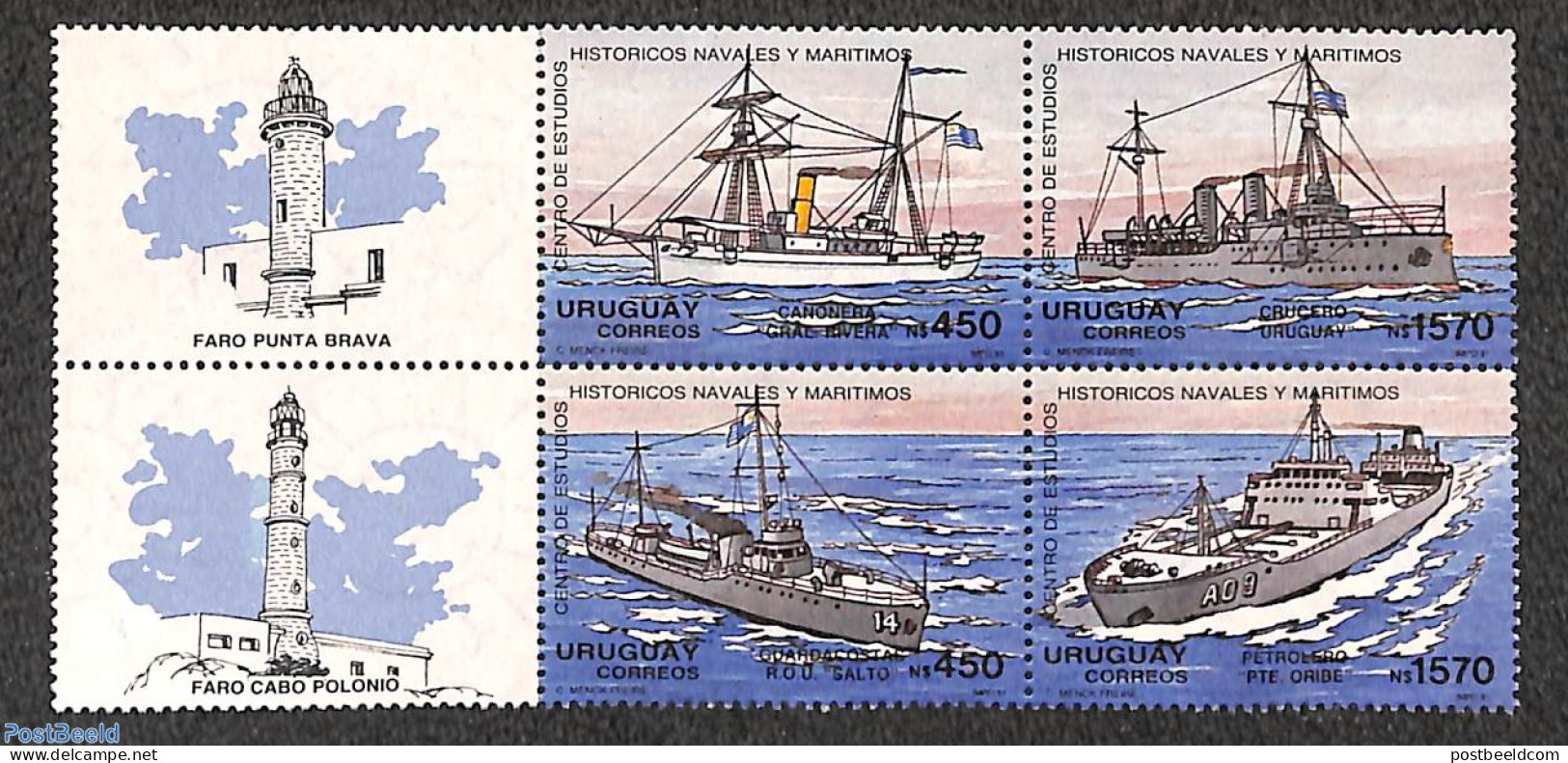 Uruguay 1991 Ships 4v+tabs [++], Mint NH, Transport - Various - Ships And Boats - Lighthouses & Safety At Sea - Ships