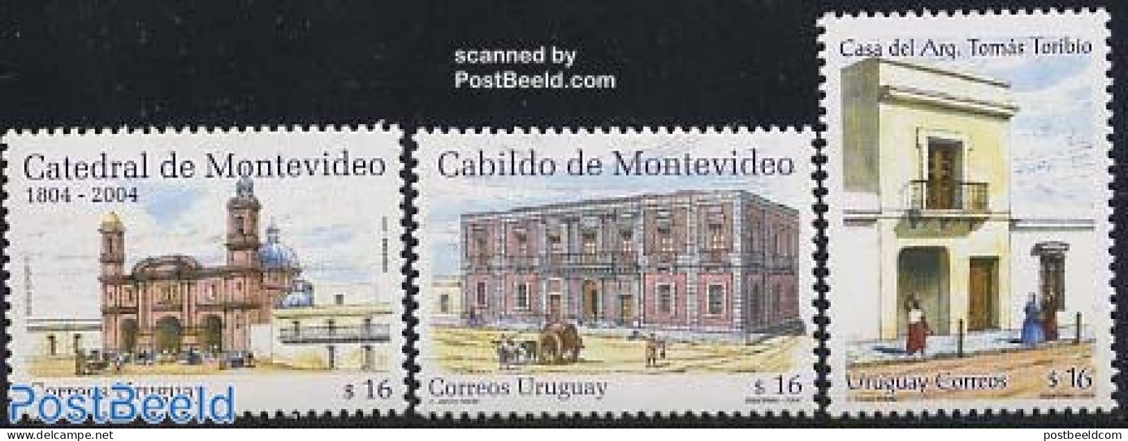 Uruguay 2004 Buildings 3v, Mint NH, Religion - Various - Churches, Temples, Mosques, Synagogues - Lighthouses & Safety.. - Eglises Et Cathédrales