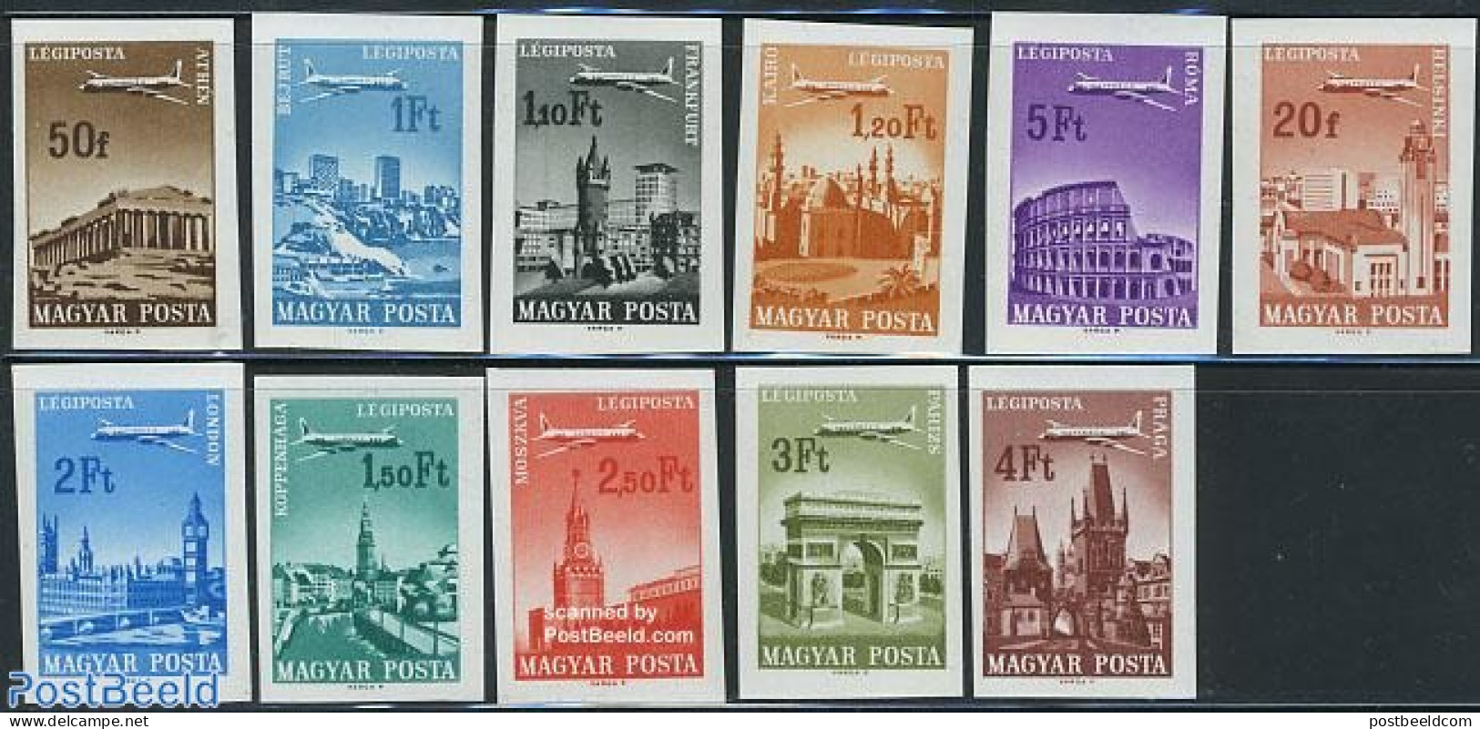 Hungary 1966 Airmail, Cities 11v, Imperforated, Mint NH, History - Transport - Various - Europa Hang-on Issues - Aircr.. - Neufs