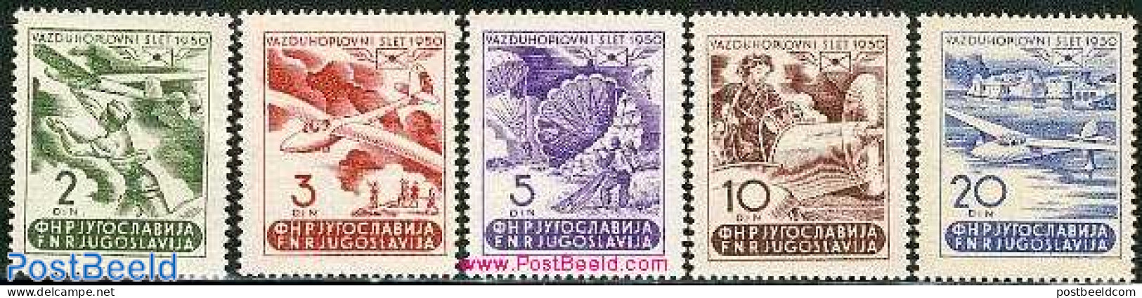 Yugoslavia 1950 Airmail Week 5v, Unused (hinged), Sport - Transport - Gliding - Parachuting - Aircraft & Aviation - Unused Stamps