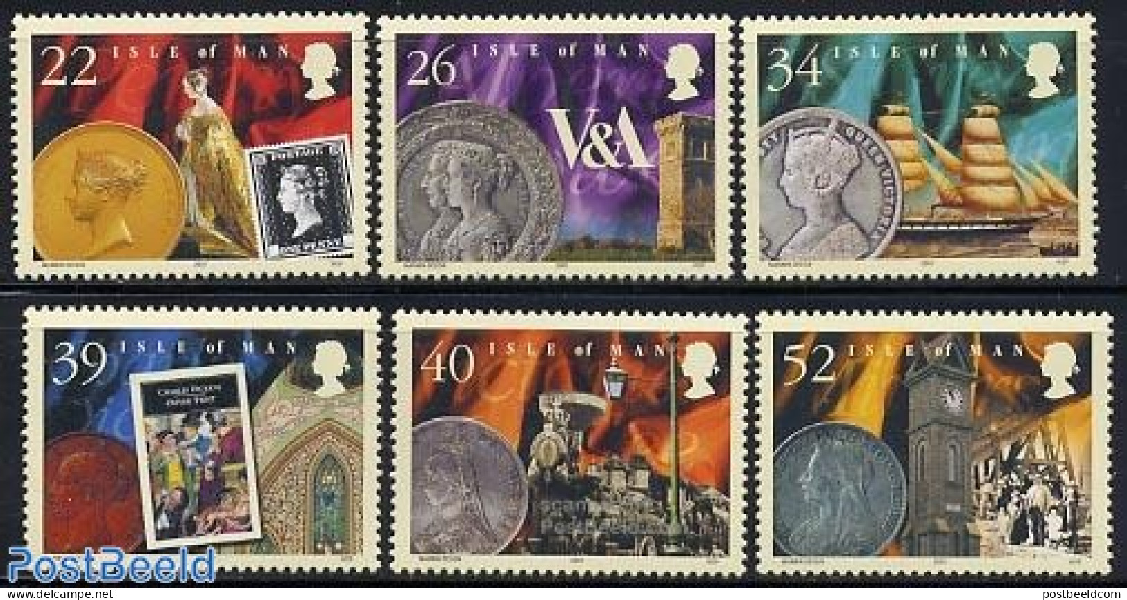 Isle Of Man 2001 Victorian Age 6v, Mint NH, Transport - Various - Stamps On Stamps - Railways - Ships And Boats - Mone.. - Briefmarken Auf Briefmarken
