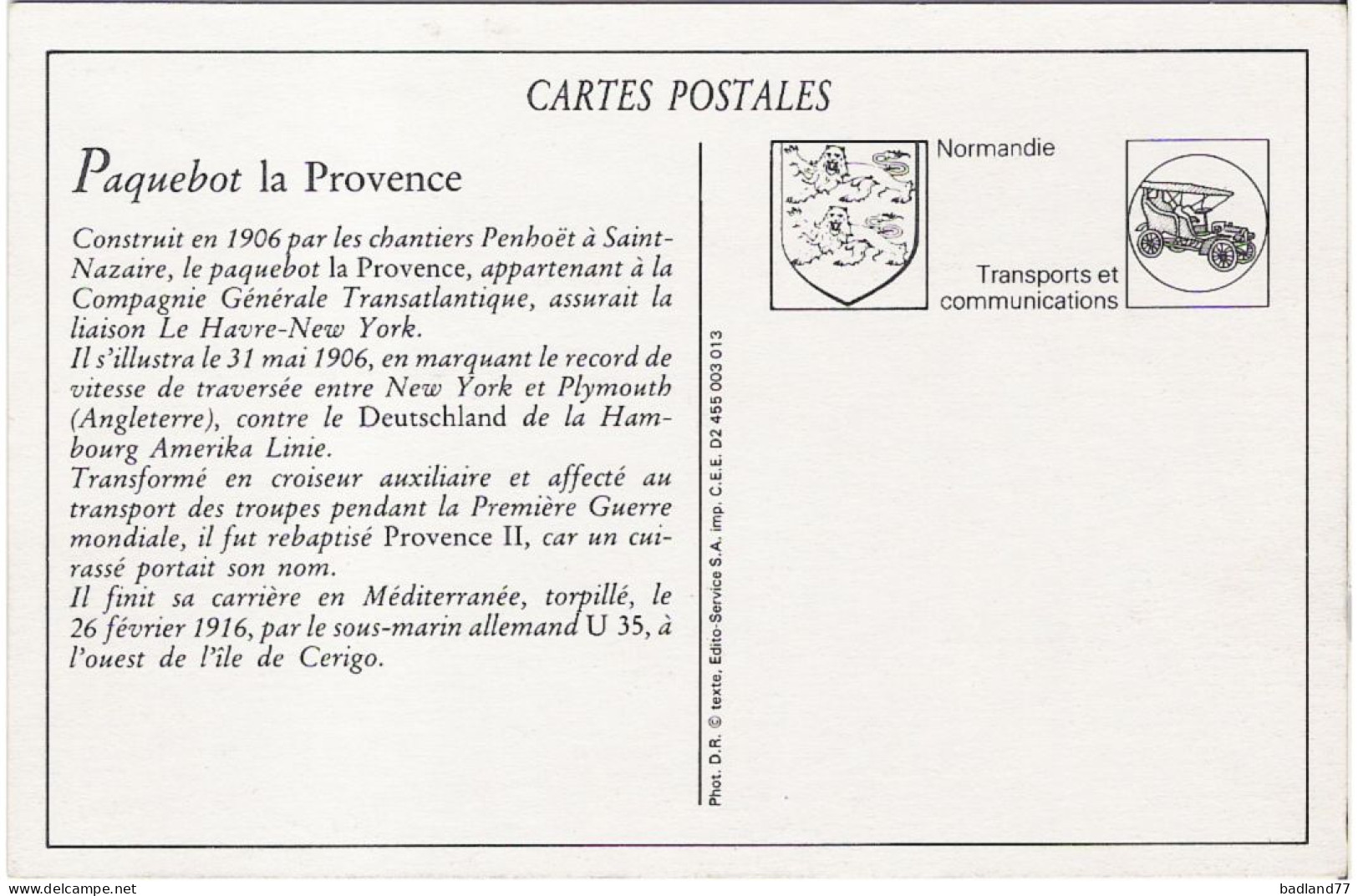 CP - Paquebot Transatrlantique - La Provence (Reproduction)    * - Paquebots