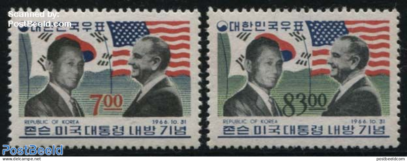 Korea, South 1966 Johnson Visit 2v, Mint NH, History - American Presidents - Flags - Politicians - Korea (Süd-)
