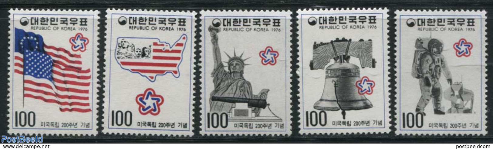 Korea, South 1976 American Bicentenary 5v, Mint NH, History - Transport - Various - Flags - US Bicentenary - Space Exp.. - Géographie