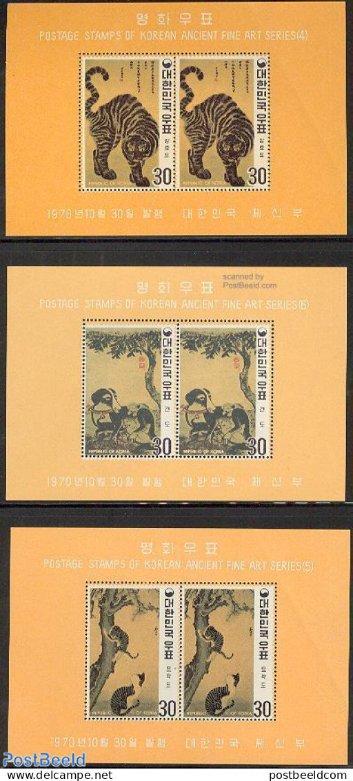 Korea, South 1970 Yi-Dynasty 3 S/s Perforated, Mint NH, Nature - Cat Family - Cats - Dogs - Art - Paintings - Corée Du Sud