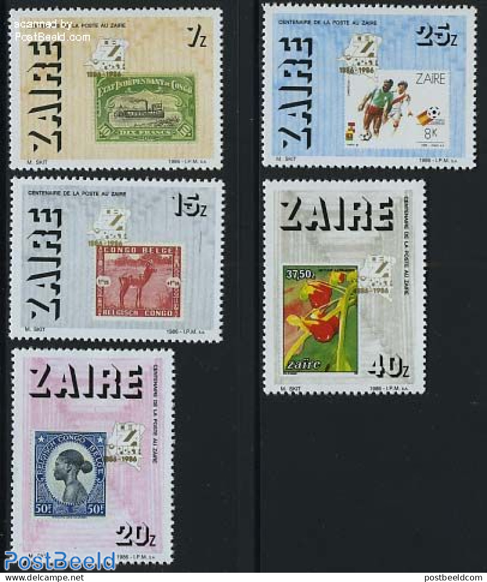 Congo Dem. Republic, (zaire) 1986 Post Centenary 5v, Mint NH, Nature - Sport - Transport - Animals (others & Mixed) - .. - Stamps On Stamps