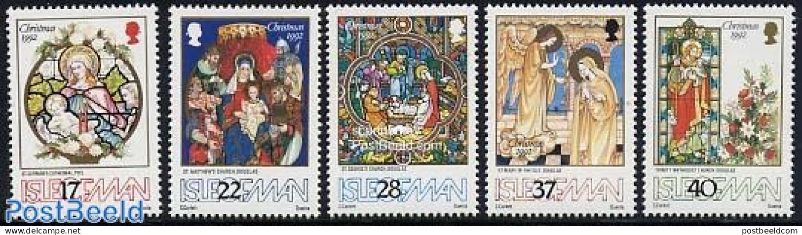 Isle Of Man 1992 Christmas 5v, Mint NH, Religion - Christmas - Art - Stained Glass And Windows - Christmas