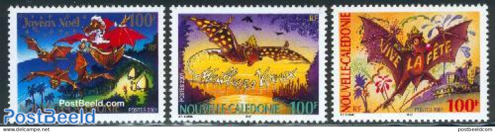 New Caledonia 2001 Christmas 3v, Mint NH, Nature - Religion - Bats - Christmas - Neufs