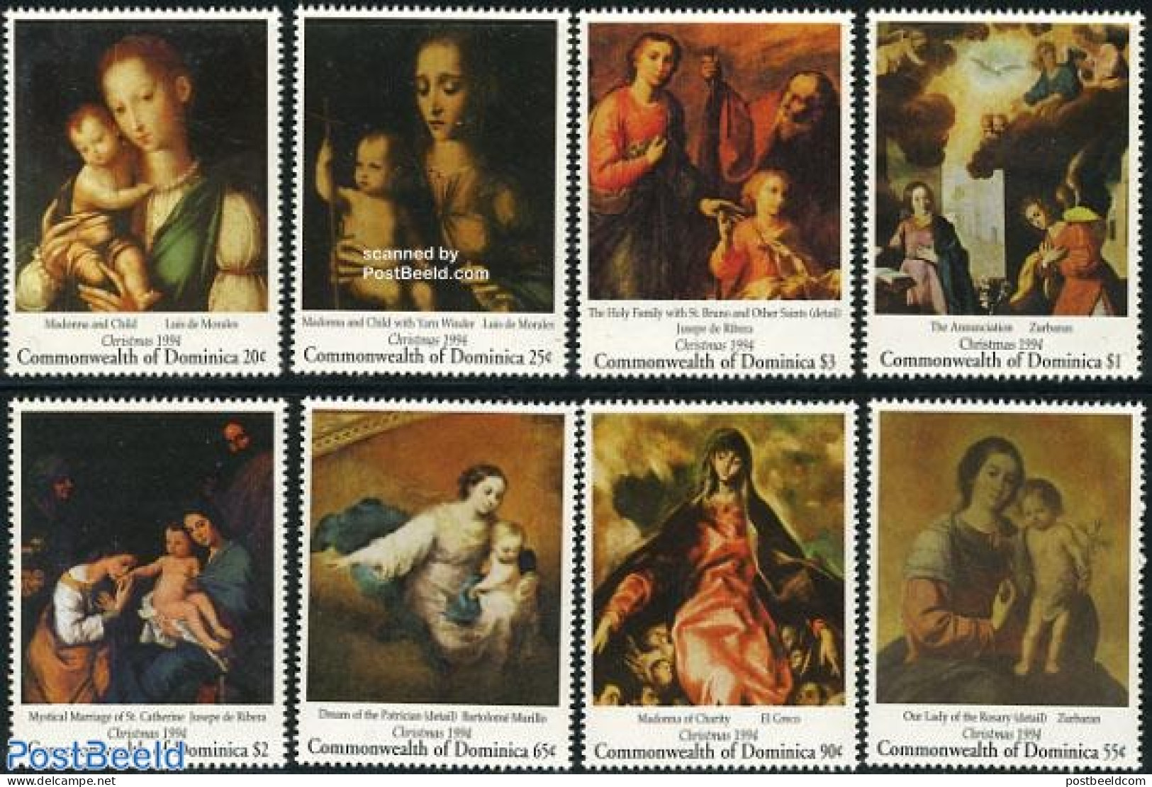 Dominica 1994 Christmas, Paintings 8v, Mint NH, Religion - Christmas - Art - Paintings - Natale