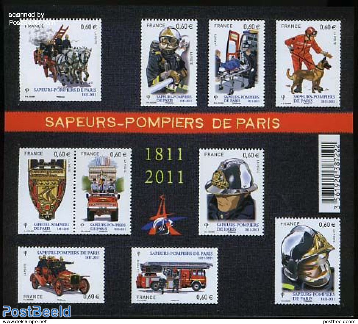 France 2011 Fire Brigade 10v M/s, Mint NH, History - Nature - Transport - Coat Of Arms - Dogs - Horses - Automobiles -.. - Unused Stamps