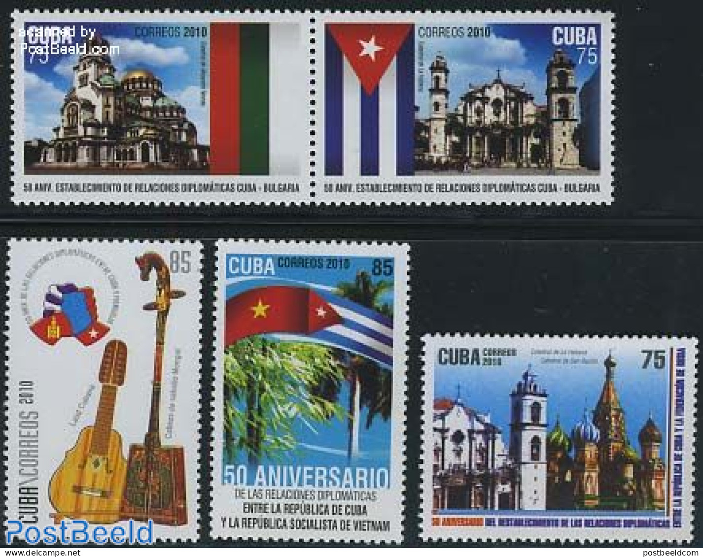 Cuba 2010 Diplomatic Relations 5v (3v+[:]), Mint NH, History - Performance Art - Religion - Flags - Music - Musical In.. - Unused Stamps