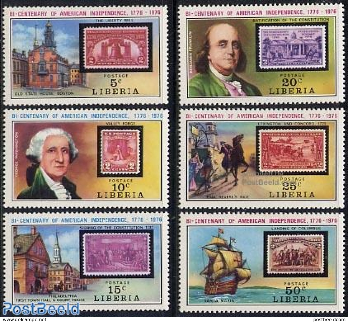 Liberia 1975 American Bicentenary 6v, Mint NH, History - Transport - Politicians - US Bicentenary - Stamps On Stamps -.. - Briefmarken Auf Briefmarken