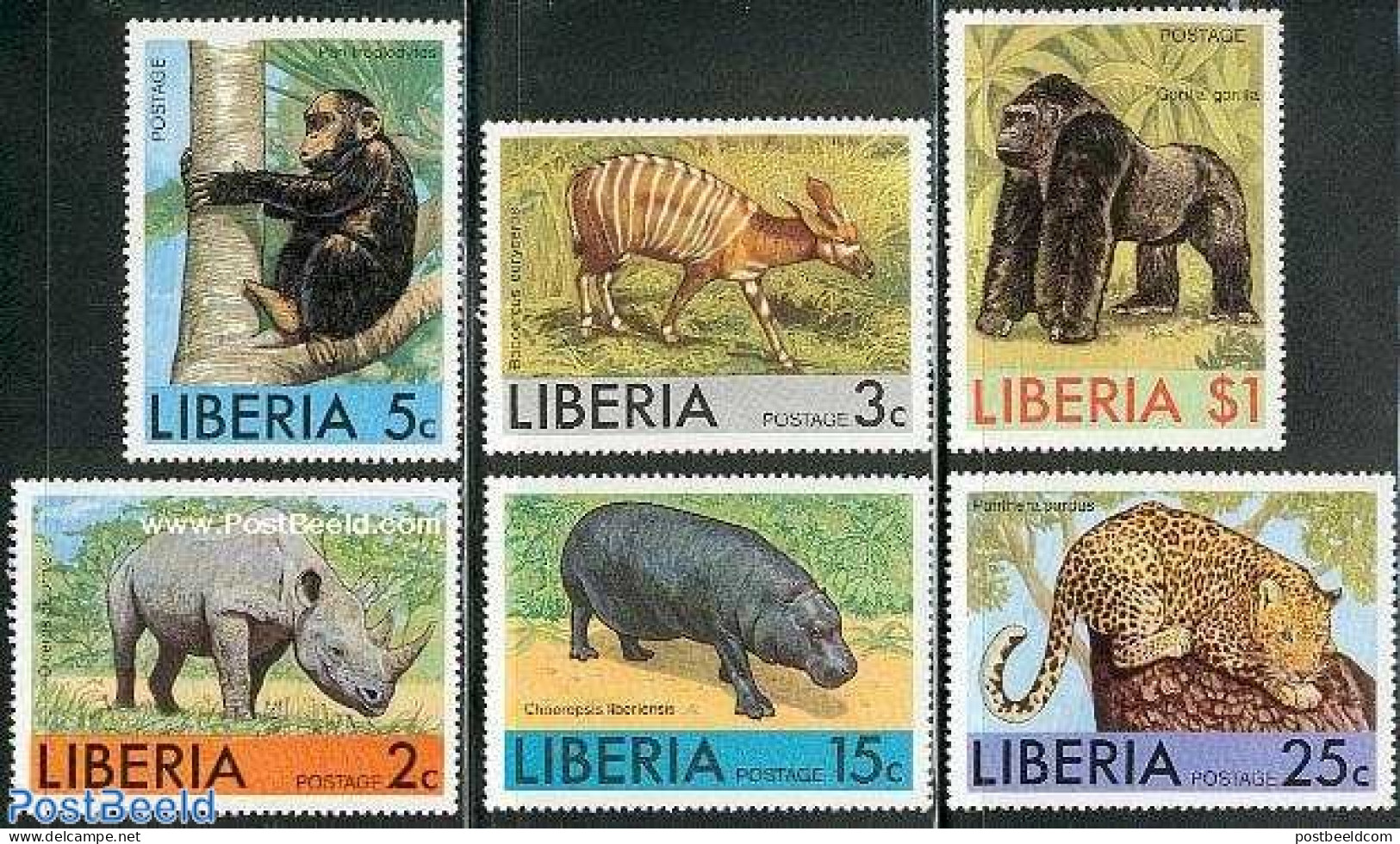 Liberia 1976 African Animals 6v, Mint NH, Nature - Animals (others & Mixed) - Cat Family - Hippopotamus - Monkeys - Rh.. - Other & Unclassified