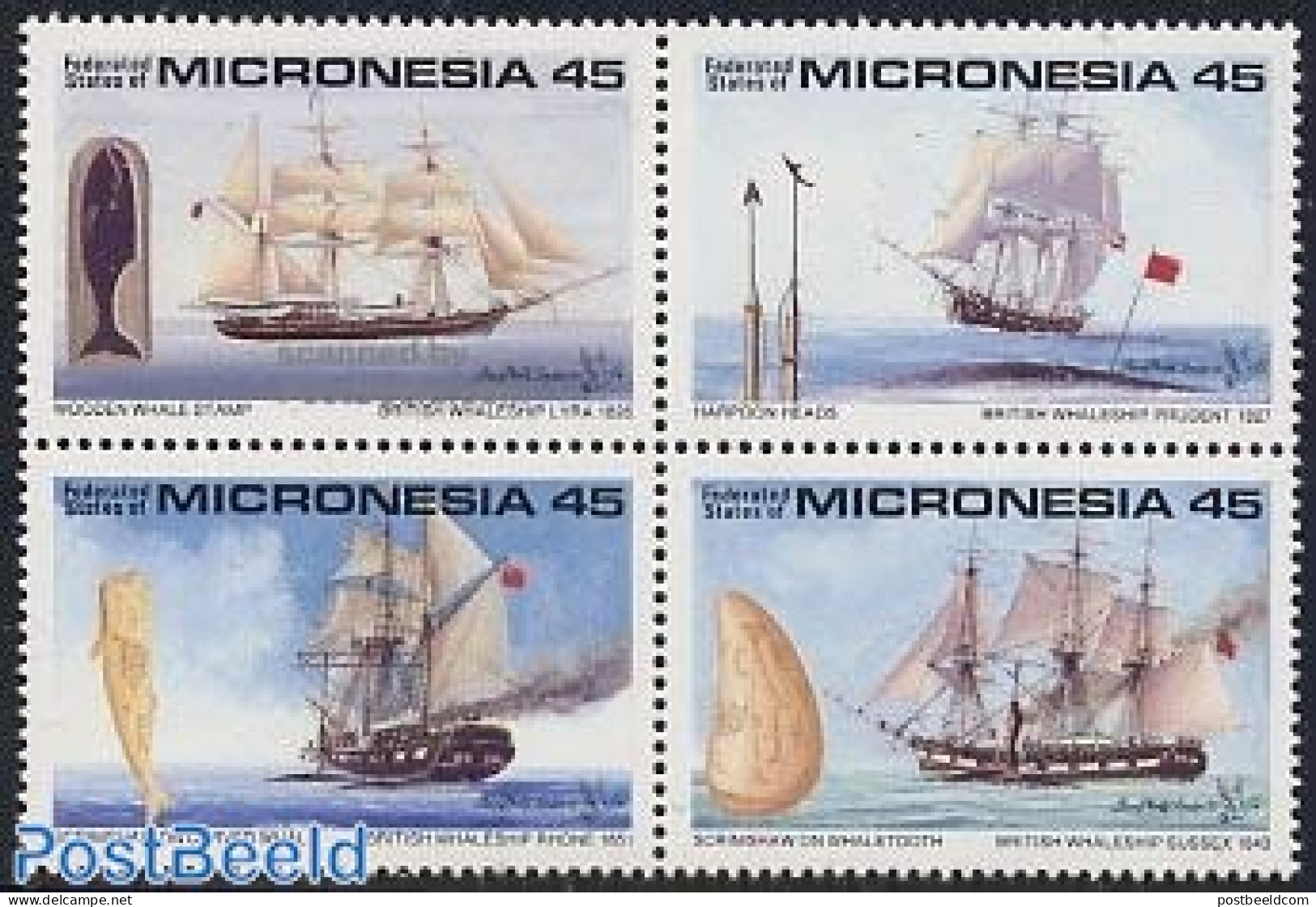 Micronesia 1990 Whale Fishing 4v [+], Mint NH, Nature - Transport - Fishing - Sea Mammals - Ships And Boats - Poissons