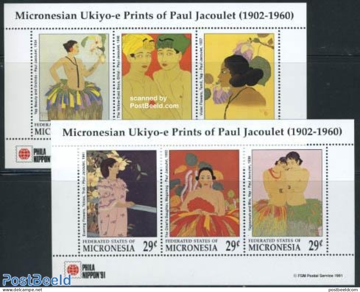 Micronesia 1991 Philanippon 6v (2 M/s), Jacoulet Paintings, Mint NH, Philately - Art - East Asian Art - Paintings - Micronésie