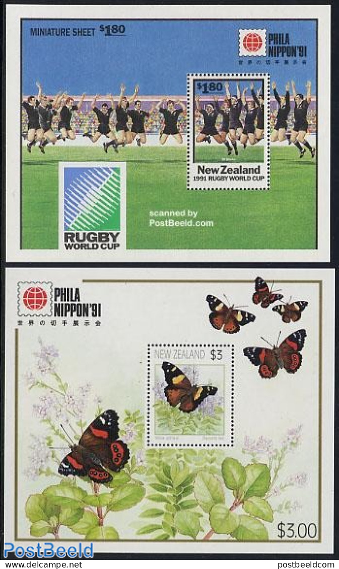 New Zealand 1991 Philanippon 2 S/s, Mint NH, Nature - Sport - Butterflies - Rugby - Sport (other And Mixed) - Philately - Neufs